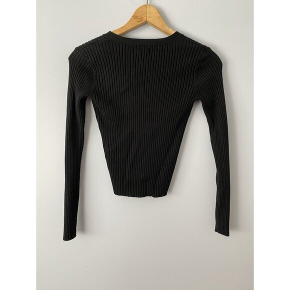 Be Cool Womens Size Small Black Ribbed Cardigan V-Neck Sweater Stretchy - Picture 3 of 8